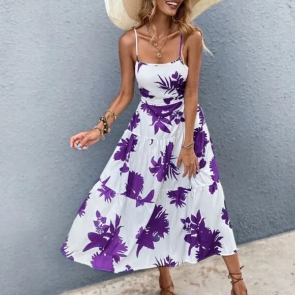 Boho Blue Floral Tropical Leaves Cut out Cami Ruffle Dress - Picture 7 of 12